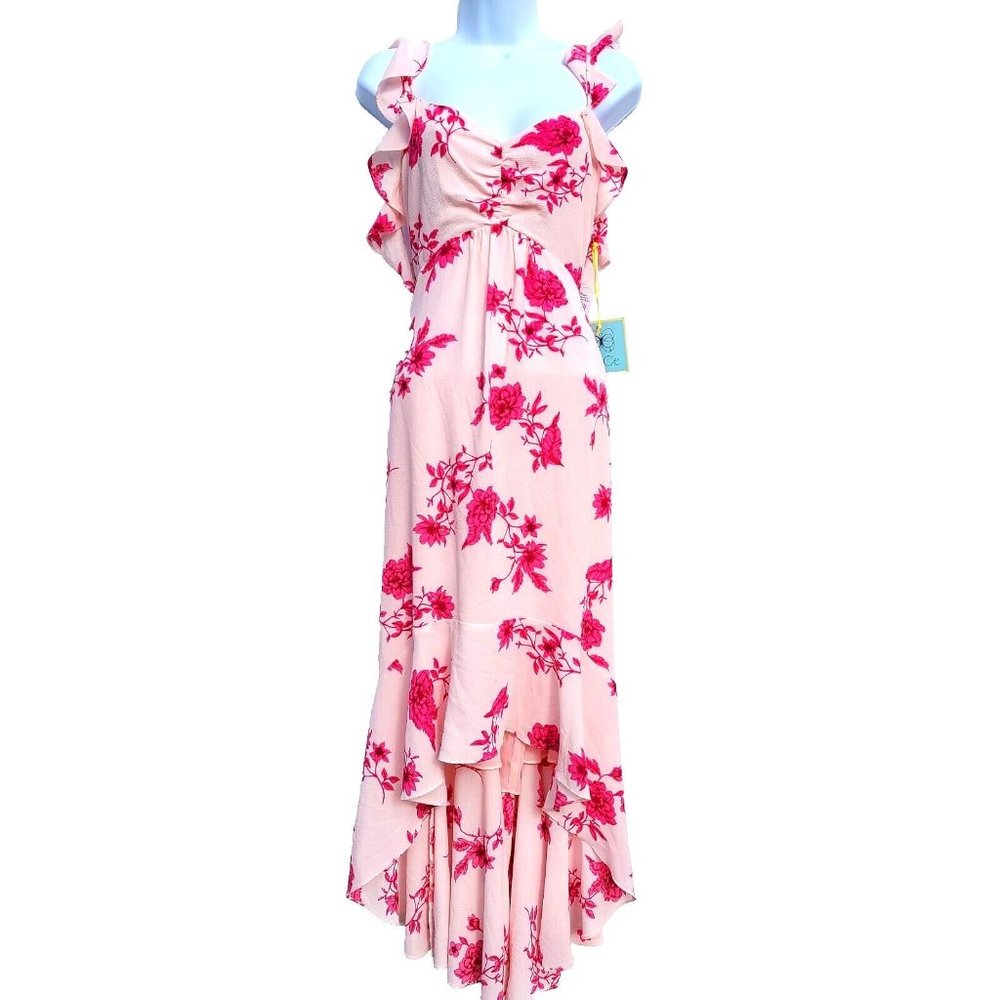 CECE Secret Blush Floral Spring Bouquet Cold Shoulder Dress Size L Ruffle Hi-Low